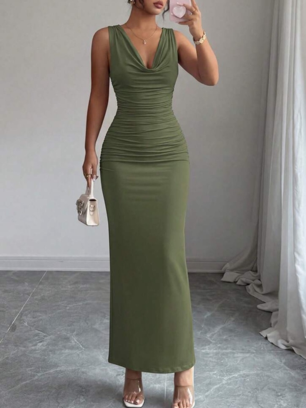 Sleeveless Green Ruched Cowl Neck Maxi Dress